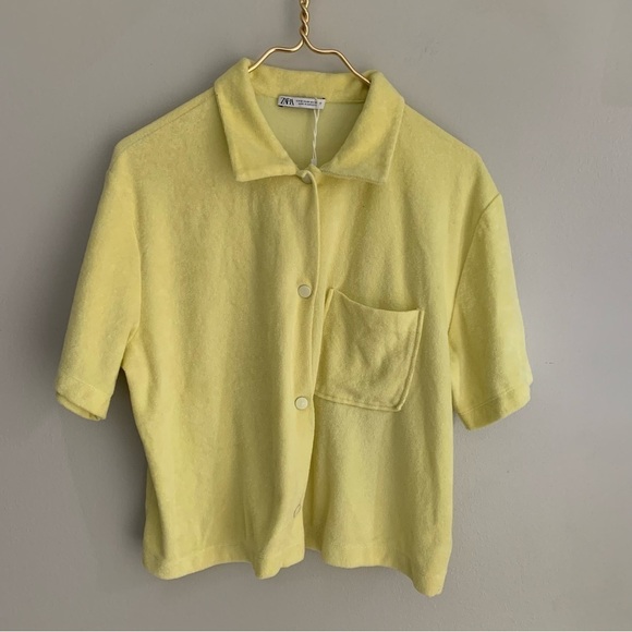 Zara women’s velour terry cloth pocket short sleeve snap button down boxy fit - Picture 4 of 9